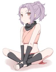  blush butterfly_sitting commentary_request elbow_gloves feet female fingerless_gloves full_body gloves hands_on_feet highres knees_apart_feet_together kunoichi_tsubaki_no_mune_no_uchi midriff navel ninja orinpachu pelvic_curtain purple_hair ringed_eyes sazanka_(kunoichi_tsubaki_no_mune_no_uchi) sidelocks simple_background sitting sleeveless solo toeless_legwear toes white_background 