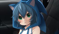  :| animal_hood artist_name bad_id bad_twitter_id bare_shoulders blue_hair car_interior closed_mouth commentary female genderswap_(mtf) green_eyes hair_between_eyes hood humanization looking_at_viewer messy_hair rayrie rule_63 shirt short_hair sitting sleeveless sleeveless_shirt solo sonic_(live_action) sonic_(series) sonic_the_hedgehog sonic_the_hedgehog_(film) white_shirt 