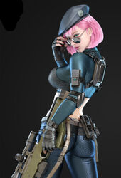  3d ass black_background breasts cowboy_shot dithered_background elbow_pads female fingerless_gloves gloves gun holding holding_gun holding_weapon hu_zheng medium_breasts nail_polish photoshop_(medium) pink_hair red_nails solo standing sunglasses third-party_edit watch weapon wristwatch 