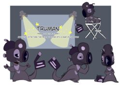  2019 4_fingers alien alpha_channel angoraram beret black_eyes camera chair clapperboard clothing crossed_arms digital_drawing_(artwork) digital_media_(artwork) director&#039;s_chair disney english_text experiment_(lilo_and_stitch) fan_character fingers for_a_head furniture grey_background grey_body hand_behind_back hat headgear headwear lilo_and_stitch looking_at_viewer markings object_head pupils signature simple_background smile spotlight text truman_(angoraram) video_camera white_pupils 