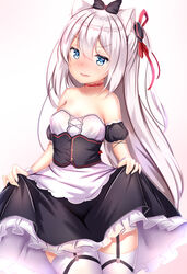  animal_ear_fluff animal_ears azur_lane bare_shoulders black_bow black_dress blue_eyes blush bow breasts cat_ears choker clothes_lift collarbone commentary_request cowboy_shot detached_sleeves dress dress_lift female frown garter_straps gradient_background hair_between_eyes hair_ribbon hairbow hammann_(azur_lane) hammann_(retrofit)_(azur_lane) highres long_hair looking_at_viewer oerba_yun_fang one_side_up parted_lips puffy_short_sleeves puffy_sleeves ribbon ribbon_choker short_sleeves small_breasts solo standing thighhighs v-shaped_eyebrows very_long_hair white_hair white_thighhighs yuano 