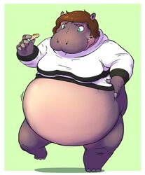  after_transformation anthro belly belly_jiggle big_belly bottomless breasts brown_hair clothed clothing common_hippopotamus female food green_background hair hand_on_belly hippopotamid holding_food holding_object implied_transformation jiggling mammal obese obese_anthro obese_female on_one_leg open_mouth overweight overweight_anthro overweight_female simple_background solo standing subakitsu weight_gain 