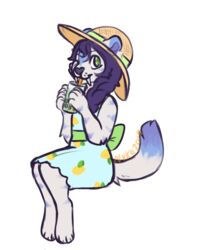  anthro beverage blue_hair bubble_tea clothing currypuppy dress extinct felid female green_eyes hair hat headgear headwear mammal prehistoric_species rena_dyne ribbons saber-toothed_tiger smilodon solo sun_hat sundress wide_brim_hat young young_anthro 