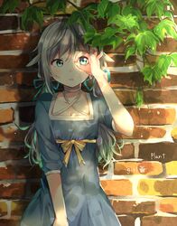  against_wall animal_ears aqua_eyes aqua_hair blue_dress blue_ribbon brick_wall character_request choker collarbone commentary copyright_request cowboy_shot day dress english_text female grey_hair hair_ribbon hand_over_eye hand_up highres long_hair looking_at_viewer makura_(makura0128) multicolored_hair ok_sign ok_sign_over_eye outdoors parted_lips plant ribbon shade short_sleeves solo streaked_hair symbol-only_commentary twintails vines white_choker yellow_ribbon 