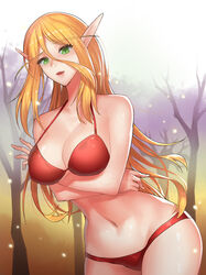  bad_id bad_pixiv_id blonde_hair blood_elf_(warcraft) breasts cleavage commentary elf female green_eyes hearthstone hsd large_breasts long_hair looking_at_viewer navel pointy_ears rogue_(warcraft) solo swimsuit valeera_sanguinar warcraft world_of_warcraft 