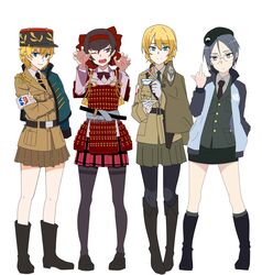  4girls absurdres armor asparagus_(girls_und_panzer) bad_id bad_twitter_id bc_freedom_military_uniform belt blonde_hair blue_eyes bonple_military_uniform boots braid brown_eyes brown_hair brown_skirt character_request cosplay crossed_arms darjeeling_(girls_und_panzer) french_braid girls_und_panzer girls_und_panzer_ribbon_no_musha glasses highres jajka_(girls_und_panzer) jajka_(girls_und_panzer)_(cosplay) japanese_armor keizoku_military_uniform knee_boots middle_finger multiple_girls necktie oerba_yun_fang one_eye_closed pantyhose plaid plaid_skirt rumi_(girls_und_panzer) school_connection school_uniform selection_university_military_uniform short_sword skirt sword tantou tatenashi_high_school_uniform tsuruki_shizuka wani_(perfect_han) weapon white_background 