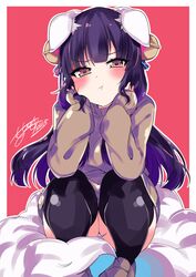  animal_ears bell black_thighhighs blunt_bangs blush brown_eyes brown_footwear brown_sweater commentary_request daji_(monster_strike) female fox_ears fox_girl fox_tail hair_bell hair_ornament hair_ribbon head_rest highres himiya_jouzu long_hair monster_strike outline panties pantyshot pout purple_hair ribbon shoes signature solo squatting sweater tail thighhighs thighs two-tone_background underwear white_panties 