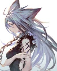  ahoge animal_ears arm_across_waist backlighting bare_arms black_dress blue_eyes blue_hair breasts chains collar commentary_request dress expressionless female floating_hair from_side gradient_background half-closed_eyes hand_on_own_arm long_hair looking_down medium_breasts messy_hair mimitoke original scar side_slit sidelocks simple_background sleeveless solo torn_clothes upper_body very_long_hair 