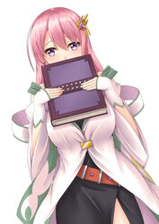  book breasts commentary_request ersha_(sennen_sensou_aigis) female hair_ornament highres holding holding_book long_hair looking_at_viewer medium_breasts photoshop_(medium) pink_hair purple_eyes sano_souichi sennen_sensou_aigis simple_background solo standing white_background 