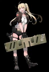  ahoge bad_id bad_pixiv_id belt belt_pouch black_background black_footwear black_gloves blonde_hair breasts commentary_request female gloves gun headset highres holding_case holster holstered ihobus jewelry large_breasts long_hair necklace original ponytail pouch shirt short_shorts shorts shrug_(clothing) solo t-shirt thigh_holster weapon 