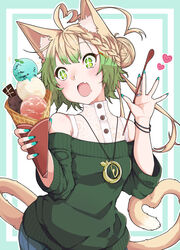  absurdres ahoge animal_ear_fluff animal_ears atalanta_(fate) blue_pants braid cat_ears cat_girl cat_tail commentary_request fate/apocrypha fate_(series) female food gradient_hair green_eyes green_hair green_sweater hair_between_eyes hair_bun head_tilt heart heart_ahoge heart_tail highres holding holding_food holding_spoon ice_cream kirishina_(raindrop-050928) light_brown_hair long_sleeves medallion multicolored_hair oerba_yun_fang off-shoulder_sweater off_shoulder open_mouth pants photoshop_(medium) see-through shirt single_hair_bun sleeveless sleeveless_shirt solo sparkle spoon sweater tail white_shirt wide_sleeves 