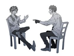  bad_id bad_twitter_id black_pants blush boots chair closed_eyes facial_hair gloves hands_up hoyano_(maimai) laughing leg_up long_sleeves looking_at_another lucas_(yakusoku_no_neverland) monochrome multicolored_hair open_clothes open_mouth pants pointing shirt shoelaces simple_background sitting sleeves_rolled_up stubble talking teeth vest waistcoat white_background yakusoku_no_neverland yuugo_(yakusoku_no_neverland) 