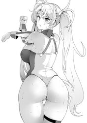  ass back bare_shoulders bradamante_(fate) bradamante_(first_ascension)_(fate) braid breasts commentary cross-body_stretch crown_braid elbow_gloves fate/grand_order fate_(series) female gloves greyscale highleg highleg_leotard large_breasts leotard long_hair looking_at_viewer looking_back monochrome photoshop_(medium) simple_background soba_(saz) solo stretching sweat thigh_strap thighs thong_leotard twintails very_long_hair white_background 