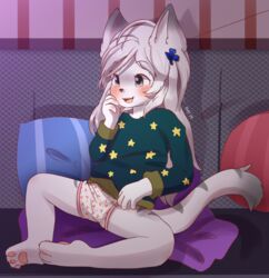  2019 accessory alternate_version_at_source anthro biped blush bottomwear boy_shorts cherry_panties cherry_pattern_panties cherry_pattern_underwear cherry_print_underwear cherry_underwear clothed clothing colored_edge_panties digital_media_(artwork) elly_(artist) felid feline female fubuki_reikon fur grey_eyes grey_hair hair hair_accessory hairclip heart_clothing heart_pattern heart_pattern_panties heart_pattern_underwear heart_symbol hi_res lynx mammal open_mouth panties pattern_bottomwear pattern_clothing pattern_panties pattern_underwear pillow simple_background sitting solo spread_legs spreading tongue underwear white_body white_clothing white_panties white_underwear young young_anthro young_female 