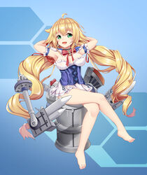  :d ahoge armpits arms_behind_head azur_lane bare_legs barefoot blonde_hair blush breasts capelet choker commentary_request cross cross_earrings earrings female garter_straps green_eyes highres jewelry le_temeraire_(azur_lane) legs long_hair machinery open_mouth photoshop_(medium) sitting skirt smile solo the_hermit twintails very_long_hair 