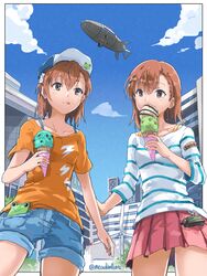  2girls aircraft alternate_costume baseball_cap blue_sky brown_eyes brown_hair building casual cellphone cloud commentary_request cowboy_shot day denim denim_shorts dirigible eating food gekota ha_neko hat head-mounted_display holding holding_food holding_ice_cream ice_cream lightning_bolt_print lightning_bolt_symbol long_sleeves medium_hair misaka_imouto misaka_imouto_10032 misaka_mikoto multiple_girls orange_shirt outdoors phone pink_skirt pleated_skirt shirt short_sleeves shorts siblings sisters skirt sky standing striped_clothes striped_shirt toaru_kagaku_no_railgun toaru_majutsu_no_index twitter_username white_shirt 