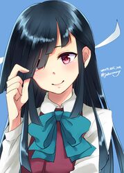  black_hair blue_background bow bowtie commentary_request dated dress_shirt female hair_over_one_eye hair_ribbon halterneck hayashimo_(kancolle) head_tilt highres holding holding_own_hair johssnny kantai_collection long_hair red_eyes ribbon school_uniform shirt simple_background solo twitter_username very_long_hair white_ribbon white_shirt 