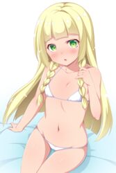  bikini blonde_hair blush braid commentary female flat_chest green_eyes lillie_(pokemon) long_hair micro_bikini navel parted_lips pokemon pokemon_sm simple_background sitting solo swimsuit tiger_rmn twin_braids white_background white_bikini 