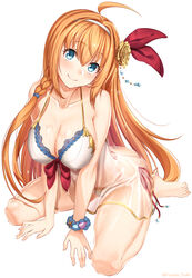  ahoge artist_name bare_arms bare_shoulders barefoot bead_bracelet beads between_legs bikini blue_eyes blush bracelet braid breasts clam_shell cleavage closed_mouth collarbone commentary female flower full_body futami_(mg42fw190d) hair_between_eyes hair_flower hair_ornament hair_ribbon hairband halterneck head_tilt highres jewelry large_breasts long_hair looking_at_viewer md5_mismatch orange_hair pecorine_(princess_connect!) pecorine_(summer)_(princess_connect!) princess_connect! red_ribbon revision ribbon see-through side-tie_bikini_bottom simple_background sitting smile solo star_(symbol) swimsuit thighs twitter_username very_long_hair wariza water wet white_background white_bikini yellow_flower 