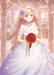  bangs bare_shoulders blonde_hair blue_eyes blush bouquet braid breasts bridal_veil bride choker dress earrings eyebrows_visible_through_hair female flower g36_(girls_frontline) girls_frontline hair_between_eyes hair_ornament highres holding holding_bouquet jewelry light_particles long_hair looking_at_viewer medium_breasts necoring862 off-shoulder_dress off_shoulder red_flower red_rose ring rose sapphire_(gemstone) sidelocks skirt_hold smile solo veil very_long_hair wedding_dress wedding_ring white_dress 