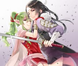  2girls armor black_hair bracelet breasts brown_eyes cape commentary_request cowboy_shot dress fire_emblem fire_emblem:_mystery_of_the_emblem fire_emblem_awakening fur_trim glint gloves green_eyes green_hair hair_between_eyes hand_on_another&#039;s_shoulder headband highres japanese_armor japanese_clothes jewelry katana long_hair looking_at_viewer medium_breasts multiple_girls parted_bangs pointy_ears ponytail red_gloves sakuramotikun say&#039;ri_(fire_emblem) short_dress sleeveless sleeveless_dress straight_hair sword thighs tiki_(adult)_(fire_emblem) tiki_(fire_emblem) weapon 