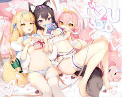  3girls alcohol animal_ear_fluff animal_ears ass bikini black_bikini black_hair blonde_hair blue_bikini blunt_bangs blush borrowed_character bottle bow box bridal_garter champagne choker commentary_request gift gift_box hair_ornament hairband hairbow hairclip heart heart-shaped_box kisero_(kyuri_tizu) kyuri_tizu looking_at_viewer lying monster_girl multiple_girls navel on_back open_mouth original pink_hair purple_eyes ribbon scylla swimsuit syrene_(kyuri_tizu) tail tentacle yellow_bikini yellow_eyes 