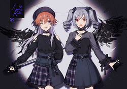  2girls :d beret black_bow black_choker black_collar black_gloves black_headwear black_shirt black_skirt bow brown_hair character_name chinese_commentary choker clothing_cutout collar commentary_request dark_illuminate_(idolmaster) fen_renlei fingerless_gloves fingernails gloves grey_hair grey_shirt hair_between_eyes hairbow hat holding holding_microphone idolmaster idolmaster_cinderella_girls jewelry kanzaki_ranko long_hair long_sleeves matching_outfits microphone multicolored_hair multiple_girls ninomiya_asuka open_mouth partial_commentary photoshop_(medium) plaid plaid_skirt pleated_skirt red_eyes ring searchlight shirt shoulder_cutout skirt smile teeth twintails two-tone_hair upper_teeth_only v-shaped_eyebrows very_long_hair 