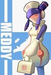  bad_id bad_pixiv_id bag blue_hair breasts character_name commentary cowboy_shot female first_aid_kit furo_atsushi gloves hat headgear holding holding_bag light_smile looking_at_viewer meddy.exe_(mega_man) medium_breasts mega_man_(series) mega_man_battle_network_(series) mega_man_battle_network_5 netnavi nurse nurse_cap orange-tinted_eyewear sidelocks smile solo tinted_eyewear visor white_gloves 