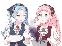  2girls artist_name bad_food bad_id bad_twitter_id bandana blue_brooch blue_eyes blue_gemstone blue_hair commentary_request cooking_pot failure felicia_(fire_emblem) felicia_(picnic)_(fire_emblem) fingerless_gloves fire_emblem fire_emblem_fates fire_emblem_heroes flora_(fire_emblem) flora_(picnic)_(fire_emblem) gem gloves grey_eyes highres holding holding_cooking_pot holding_plate holding_saucepan long_hair long_sleeves multiple_girls open_mouth pink_hair plate ponytail red_brooch red_gemstone saucepan siblings simple_background sisters solfa_(gikosweety) sweatdrop twintails upper_body white_background 