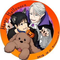  2018 2boys animal_ears ascot bad_id bad_pixiv_id black_hair black_nails blue_eyes brown_eyes canine cape collar commentary_request dated extra_ears fangs fingernails grey_hair halloween happy_halloween jack-o&#039;-lantern katsuki_yuuri long_fingernails makkachin male_focus multiple_boys nail_polish open_mouth pointy_ears smile twitter_username viktor_nikiforov wolf_ears yamano_uzura yuri!!!_on_ice 