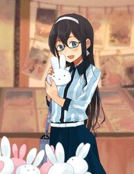  alternate_costume annin_musou bad_id bad_twitter_id bag black_hair blue_eyes blue_skirt commentary_request cowboy_shot female flying_sweatdrops glasses hairband handbag highres kantai_collection long_hair long_sleeves looking_at_viewer miffy miffy_(character) ooyodo_(kancolle) open_mouth rabbit rabbit_head semi-rimless_eyewear shirt skirt smile solo striped_clothes striped_shirt stuffed_toy under-rim_eyewear white_hairband 