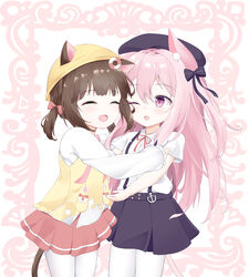  2girls :d ;d absurdres animal_ear_fluff animal_ears azur_lane beret black_bow black_headwear black_skirt blush bow cat_ears cat_girl cat_tail closed_eyes collared_shirt commentary_request ears_through_headwear frilled_sleeves frills hair_between_eyes hairbow hat highres jacket kisaragi_(azur_lane) kisaragi_(retrofit)_(azur_lane) lifebuoy_hair_ornament long_hair long_sleeves multiple_girls mutsuki_(azur_lane) mutsuki_(retrofit)_(azur_lane) neck_ribbon one_eye_closed one_side_up open_mouth pantyhose pink_hair pleated_skirt purple_eyes red_bow red_ribbon red_skirt ribbon roido_(taniko-t-1218) school_hat shirt short_sleeves short_twintails skirt sleeves_past_wrists smile striped striped_bow suspender_skirt suspenders tail twintails very_long_hair white_pantyhose white_shirt yellow_headwear yellow_jacket 