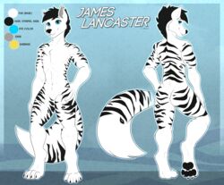  anthro ass black_hair canid canine canis digital_media_(artwork) english_text featureless_crotch felid feline fur hair hi_res hybrid james_lancaster male mammal pantherine skylosminkan solo stripes text tiger white_body white_fur wolf 