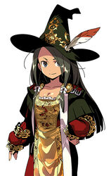  artelinde_(sekaiju) black_eyes black_hair breasts cleavage cowboy_shot dress female hat hat_feather himukai_yuuji long_hair long_sleeves looking_at_viewer official_art photoshop_(medium) sekaiju_no_meikyuu sekaiju_no_meikyuu_x simple_background smile solo white_background witch_hat 