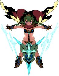  armor armored_boots bikini_armor boots bright_pupils cape energy_sword female fingerless_gloves gloves green_hair hero_(sekaiju) hero_2_(sekaiju) himukai_yuuji long_hair looking_at_viewer non-web_source official_art outstretched_arms pink_eyes sekaiju_no_meikyuu sekaiju_no_meikyuu_x simple_background solo spread_arms sword weapon white_background 