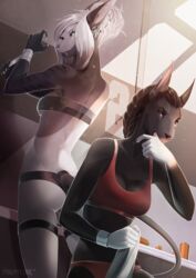  2019 5_fingers anthro black_hair blood bodily_fluids breasts canid canine canis clothed clothing detailed_background digital_media_(artwork) duo female fingers hair hi_res jackal jacktor larsana mammal mindmachine red_eyes renu smile standing white_hair 