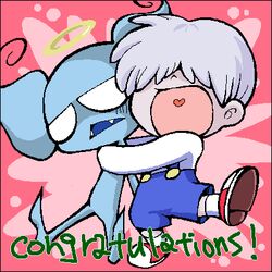  1:1 alien black_border blue_body blue_skin border chibi duo earthbound_(series) female giygas hug human low_res male mammal morphine_(artist) nintendo not_furry porky_minch rule_63 text 