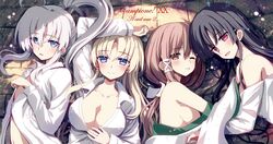  4girls arm_up black_hair black_skirt blonde_hair blue_eyes blush breasts brown_eyes brown_hair campione! collarbone collared_shirt copyright_name erica_blandelli from_above grey_eyes high_ponytail japanese_clothes kimono large_breasts liliana_kranjcar long_hair long_sleeves looking_at_viewer lying mariya_yuri medium_breasts multiple_girls non-web_source novel_illustration official_art on_back on_side one_eye_closed open_clothes open_mouth open_shirt parted_lips red_eyes seishuuin_ena shirt sideboob sikorsky skirt unbuttoned unbuttoned_shirt upper_body very_long_hair white_hair white_kimono white_shirt wide_sleeves wing_collar 