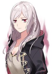  alternate_hairstyle aura braid breasts cleavage closed_mouth commentary_request dark_aura female fire_emblem fire_emblem_awakening grima_(fire_emblem) hood hood_down long_hair menoko protected_link red_eyes robin_(female)_(fire_emblem) robin_(fire_emblem) simple_background solo twin_braids upper_body white_background white_hair 