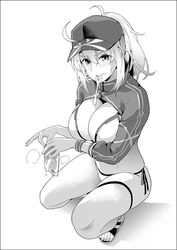  ahoge artoria_pendragon_(fate) baseball_cap bikini blush breasts cleavage commentary cropped_jacket fate/grand_order fate_(series) female greyscale hair_between_eyes hat jacket large_breasts looking_at_viewer monochrome mysterious_heroine_xx_(fate) ponytail sandals shrug_(clothing) side-tie_bikini_bottom soba_(saz) solo spoon squatting sweatdrop swimsuit 