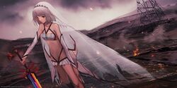  altera_(fate) bad_id bad_pixiv_id bare_shoulders blunt_bangs choker cloud cloudy_sky dark-skinned_female dark_skin detached_sleeves dr_woodpecker dutch_angle fate/grand_order fate_(series) female fire flat_chest grey_hair highres holding holding_sword holding_weapon looking_away navel red_eyes short_hair sky solo sparks standing sword torn_clothes veil wasteland weapon 