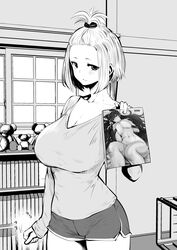  bad_id bad_twitter_id bangs_pinned_back bedroom blush bookshelf breasts cleavage closed_mouth commentary_request female forehead greyscale gym_shorts highres indoors large_breasts long_sleeves looking_at_viewer manga_(object) monochrome original short_hair short_shorts shorts sidelocks solo souryu tank_top thighs tied_hair 