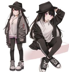  absurdres arm_up black_footwear black_hair black_headwear black_jacket black_legwear black_pants breasts commentary earrings fedora female full_body hair_ornament hairclip hand_on_headwear hat highres ibuki_(ibuki0118) jacket jewelry key lock long_hair long_sleeves looking_at_viewer looking_away miniskirt mouth_hold multicolored_hair multiple_views necklace off_shoulder open_clothes open_jacket original padlock pants pants_under_skirt pink_eyes purple_skirt shirt shoes sidelocks simple_background skirt smile sneakers socks standing two-tone_hair white_background white_footwear white_hair white_shirt wing_collar 