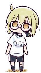  artoria_pendragon_(fate) bandaid bandaid_on_knee bandaid_on_leg black-framed_eyewear black_footwear black_ribbon black_shorts black_socks blonde_hair brown_eyes chibi commentary_request fate/grand_order fate_(series) female full_body glasses gym_shirt gym_shorts gym_uniform hair_between_eyes hair_ribbon kasuga_yuuki kneehighs leaning_to_the_side mysterious_heroine_x_alter_(fate) mysterious_heroine_x_alter_(second_ascension)_(fate) name_tag ribbon semi-rimless_eyewear shirt shoes short_shorts short_sleeves shorts sidelocks socks solo standing under-rim_eyewear white_background white_shirt 