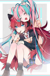  2girls :d ^_^ animal_ear_headphones animal_ears bang_dream! black_jacket black_socks blazer blue_hair brown_footwear cat_ear_headphones clenched_hand closed_eyes collared_shirt commentary eating fake_animal_ears feeding food hair_bobbles hair_ornament hand_on_own_knee headphones heart hug hug_from_behind jacket jerky knees_up kongya loafers long_hair long_sleeves multicolored_hair multiple_girls necktie nyubara_reona open_mouth pink_hair red_hair red_necktie shirt shoes sitting smile socks striped striped_necktie symbol-only_commentary tamade_chiyu twintails two-tone_hair v-shaped_eyebrows very_long_hair 