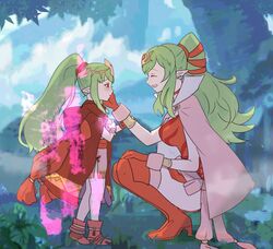  2girls aged_down aged_up aura boots breasts cape cloak closed_eyes commentary_request crying crying_with_eyes_open dress dual_persona fire_emblem fire_emblem:_mystery_of_the_emblem fire_emblem_awakening fire_emblem_heroes forest gloves green_hair hair_between_eyes hair_ornament hair_ribbon hand_on_another&#039;s_face holding hood hood_down hooded_cloak jewelry large_breasts long_hair looking_at_another multiple_girls nature open_mouth parted_lips pink_cape pointy_ears ponytail red_cloak red_footwear red_gloves red_hair red_ribbon ribbon sasaki_(dkenpisss) short_dress smile stone tears tiara tiki_(adult)_(fire_emblem) tiki_(fire_emblem) tiki_(young)_(fire_emblem) time_paradox 