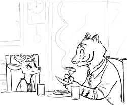  2019 ambiguous_gender anthro antlers blush cameron_(zootopia_fan_character) chair clock clothed clothing container cup cutlery deer duo eating felid food fork fuel_(artist) fur furniture greyscale hi_res holding_object horn inside jamie_(zootopia_fan_character) kitchen_utensils knife mammal meat monochrome pantherine plate sitting smile steam striped_body striped_fur stripes table tiger tools 