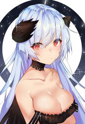  alternate_costume bare_shoulders black_dress blush breasts choker cleavage collarbone commentary dress female girls&#039;_frontline hair_between_eyes highres long_hair looking_at_viewer medium_breasts meow_nyang off_shoulder official_alternate_costume red_eyes scar scar_on_cheek scar_on_face shiny_skin sidelocks solo sparkle strap_slip thunder_(black_swan&#039;s_dream)_(girls&#039;_frontline) thunder_(girls&#039;_frontline) 