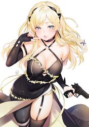  arm_strap artist_logo artist_name asymmetrical_bangs bad_id bad_twitter_id black_dress black_gloves black_thighhighs blonde_hair blue_eyes blush braid breasts choker cleavage collarbone commentary daewoo_k5 dress earrings elbow_gloves female fingerless_gloves fingernails french_braid garter_straps girls&#039;_frontline gloves gun hair_ornament hairband halterneck handgun highres holding holding_gun holding_weapon jewelry k5_(destiny_waltz)_(girls&#039;_frontline) k5_(girls&#039;_frontline) large_breasts lips long_hair looking_at_viewer mery_(yangmalgage) nail_polish official_alternate_costume open_mouth simple_background single_thighhigh solo thighhighs weapon white_background 