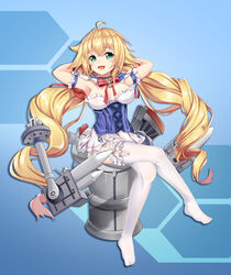  :d ahoge armpits arms_behind_head azur_lane blonde_hair blush breasts capelet choker commentary_request cross cross_earrings earrings female frilled_thighhighs frills garter_straps green_eyes highres jewelry le_temeraire_(azur_lane) legs long_hair machinery no_shoes open_mouth photoshop_(medium) sitting skirt smile solo the_hermit thighhighs twintails very_long_hair white_thighhighs 